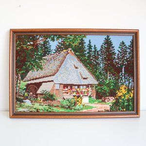 Vintage Needlepoint Artwork in Frame, Cottage Garden Scene